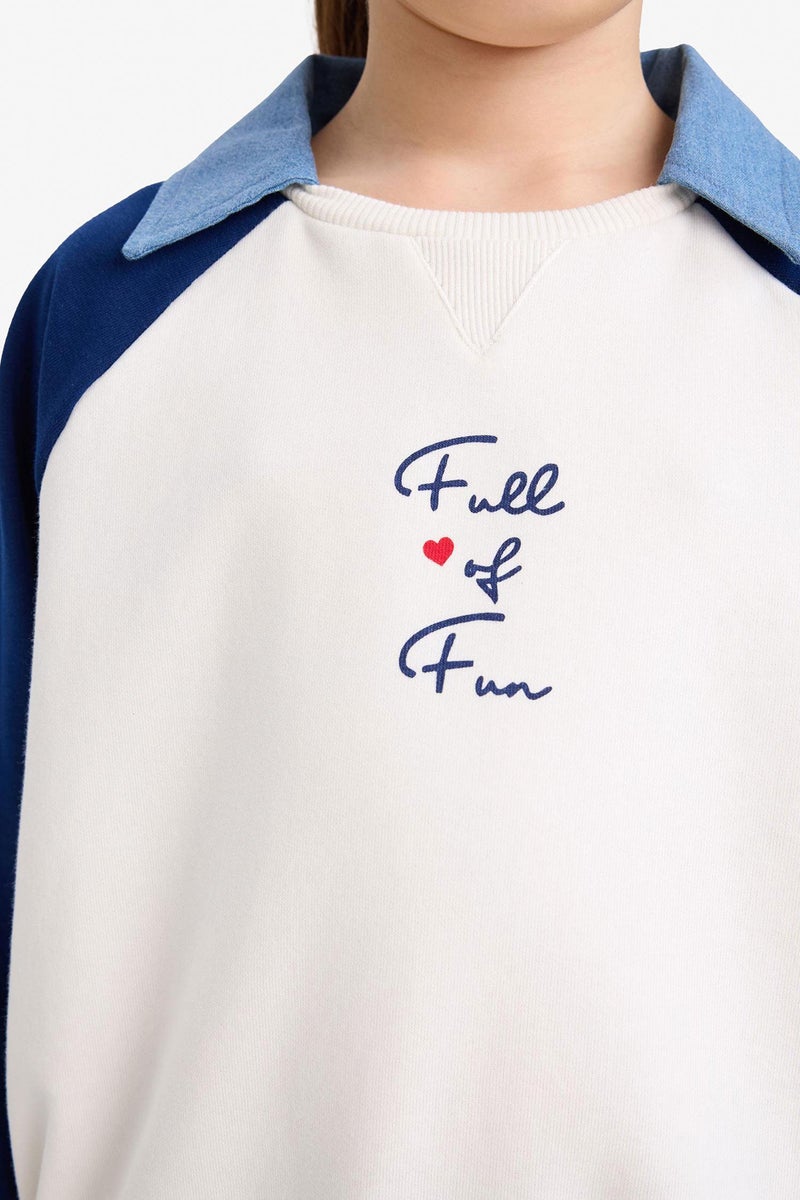 DeFacto Blue Girl Girl Slogan Printed Polo Collar Sweatshirt Casual - Image 5